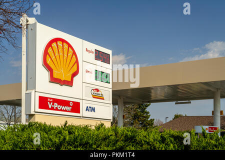 Fort Collins, CO, USA - 30. April 2018: Shell Gas Station anzeigen Aktuelle Gaspreise. Stockfoto