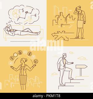 Business Concepts - Line Design Stil Abbildungen auf weißen und gelben Hintergrund. Vier Bilder eine selbstbewusste Frau und Mann. Multitasking, Dez Stock Vektor