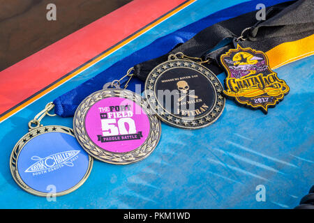 Fort Collins, CO, USA - Januar 6, 2018: eine Medaille Sammlung an Deck eines Stand up paddleboard - Auszeichnungen für die Endbearbeitung 4 lange Entfernung Fluss paddlin Stockfoto