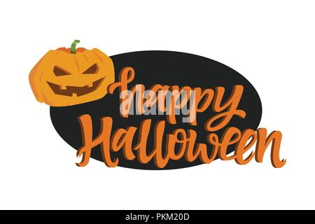 Happy Halloween Poster - moderne und farbenfrohe Vector Illustration auf weißem Hintergrund. Lustigen urlaub Symbol, Kürbis Jack-o-Lantern mit orange Kalligraphie Stock Vektor