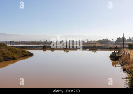 Alviso; Blick von der Hope Street, durch Alviso Marina County Park Eingang, hin zu neuen Chicago Marsh, Kalifornien, USA Stockfoto