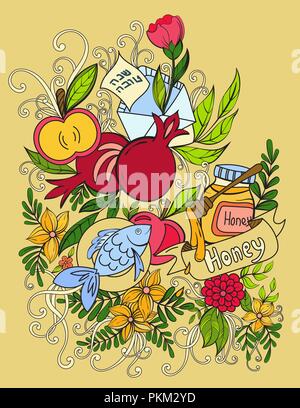 Rosch Haschana - das Jüdische Neue Jahr Grußkartenvorlage mit Äpfel, Honig, Granatäpfel. Hebräische Text Gesundes neues Jahr und Happy Holiday. Hand Vector Illustration gezeichnet. Stock Vektor