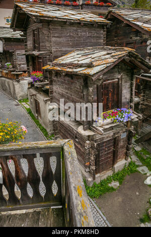 Hinterdorf. Der älteste Teil des Dorfes. Zermatt. Schweizer Alpen. Wallis. Die Schweiz. Europa. Stockfoto