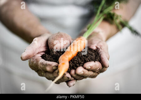 Ältere Frau Holding frisches Erntegut aus dem Garten in Ihren Händen Stockfoto
