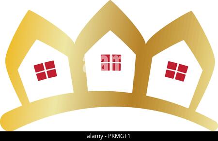 Reihe von Häusern als eine goldene Krone. Immobilien-Symbol. Stock Vektor