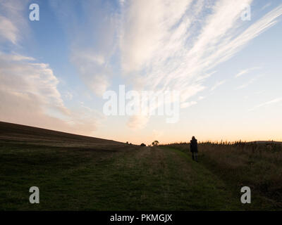 Eine Spätsommer Abend Spaziergang oben Brixton Deverill in Wiltshire, mit spektakulärem Himmel. Eine Silhouette Abbildung Spaziergänge entlang der Kante des Feldes. Stockfoto