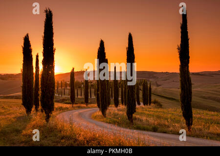 Sonnenuntergang am berühmten Agriturismo Baccoleno, in der Nähe von Asciano in der Toskana Italien EU Stockfoto