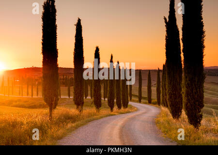 Sonnenuntergang am berühmten Agriturismo Baccoleno, in der Nähe von Asciano in der Toskana Italien EU Stockfoto