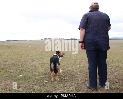 Crawinkel, Thüringen. 14 Sep, 2018. Teilnehmer Anita Hermes mit ihrem Hund Dan am Deutschen Border Collies Schäferhund Meisterschaften. Die besten Hütehunde und hobby Hirten in Deutschland sind in einem Wettbewerb über mehrere Runden ermittelt. Credit: Bodo Schackow/dpa-Zentralbild/ZB/dpa/Alamy leben Nachrichten Stockfoto