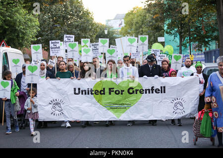 London, Großbritannien. 14. September 2018. Monatliche stillen Spaziergang zum Jahrestag der Grenfell Turm Brand, die vor 15 Monaten nahm zu markieren. Penelope Barritt/Alamy leben Nachrichten Stockfoto