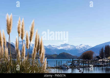 Schöne Aussicht auf die malerischen Lake Wanaka, Neuseeland. Lake Wanaka ist eine attraktive touristische Destination auf der Südinsel, gut für Erholung Stockfoto