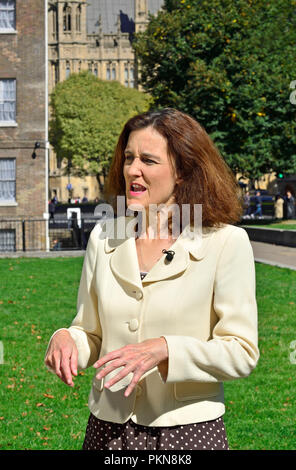 Theresa Villiers MP (konservativ-Chipping Barnet) intereviewed auf College Green, Westminster. Sept 2018 Stockfoto