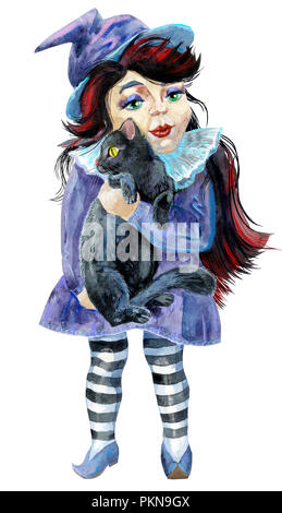 Halloween Hexe mit schwarzer Katze. Aquarell Abbildung Stockfoto