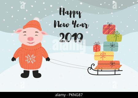 Frohe Weihnachten und guten Rutsch ins Neue Jahr Grußkarte mit Schwein, Geschenke, Schnee, Schriftzüge, cartoon Vector Illustration. Stock Vektor