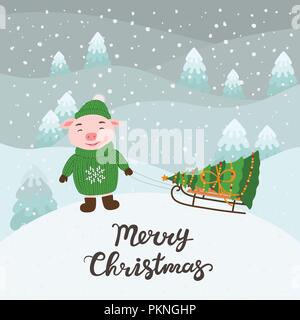 Frohe Weihnachten und guten Rutsch ins Neue Jahr Grußkarte mit Schwein, Baum, Schnee, Schriftzüge, cartoon Vector Illustration. Stock Vektor