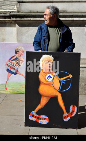 London, England, UK. Kaya Mar (Künstler) mit zwei Brexit Cartoons außerhalb der Downing Street während einer 3-stündigen Kabinettssitzung zu Brexit, Sept. 13 20 diskutieren Stockfoto