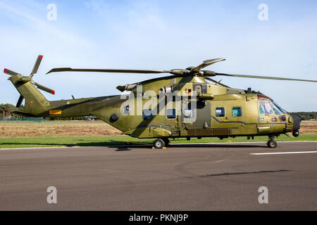 KLEINE Brogel, Belgien - Sep 8, 2018: Royal Danish Air Force AgustaWestland AW101 Hubschrauber auf dem Rollfeld des Kleine-Brogel Airbase. Stockfoto