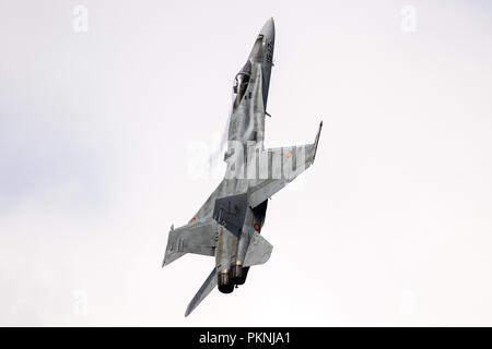 KLEINE Brogel, Belgien - Sep 8, 2018: Spanish Air Force McDonnell Douglas F-18 Hornet Kampfjet Flugzeug im Flug über Kleine-Brogel Airbase. Stockfoto