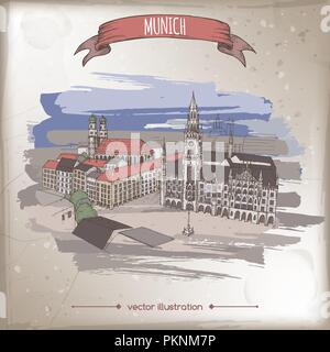 Vintage Color Travel Abbildung mit München, Deutschland, Altstadt Skizze. Stock Vektor