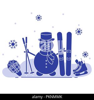 Winter im Freien genießen können. Schneemann mit Ski- und Hockey Ausrüstung. Vektor cartoon Skifahrer Symbol. Design für Werbung von aktiven Lebensstil. Stock Vektor