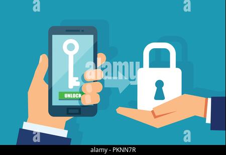 Mobile Sicherheit, Datenschutz Konzept. Hände, die mit Access Key und ein Schild Symbol Sperren smartphone. Vector Illustration Stock Vektor