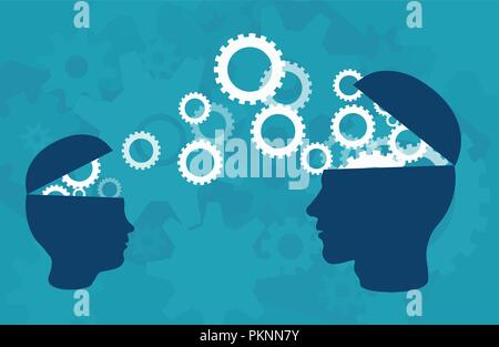 Wissenstransfer Konzept. Der Vektor der zwei Kopf Silhouette der erwachsene Person und ein Kind wissen, Ideen, über blauer Hintergrund Stock Vektor