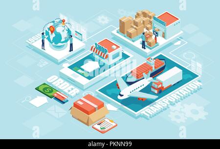 Innovative zeitgenössische Smart online Um automatisierte Lieferlogistik Verteilung über das Netzwerk mit Menschen Maschinen Industrie 4.0 Infografik. Globale sh Stock Vektor