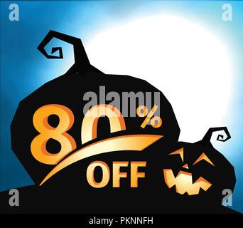 Kürbis Silhouette auf dunkel blauem Himmel und Vollmond. Halloween 80 Prozent aus, Verkauf Banner. Urlaub bieten, Herbst Rabatt Vector Illustration. Stock Vektor