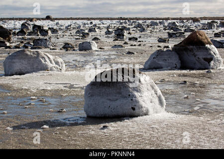 Vereisten Felsen der Küste der Hudson Bay in Manitoba, Kanada. Die tida; Shift hat Eis auf den Felsen links. Stockfoto