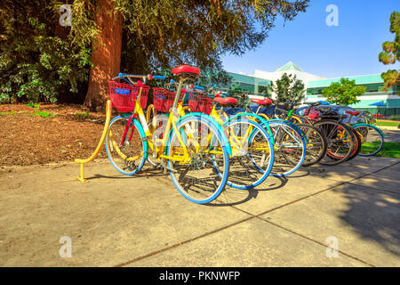 Mountain View, Kalifornien, USA - 13. August 2018: bunte Google Fahrräder in Charleston Campus von Google HQ gesäumt, die im Silicon Valley in der Nähe von Googleplex. Stockfoto