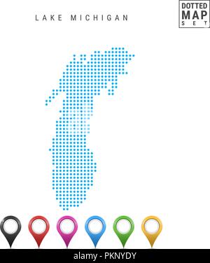 Dots Muster Vektor Karte von Lake Michigan. Stilisierte Einfache Silhouette des Lake Michigan. Eingestellt von bunten Karte Markierungen. Abbildung isoliert auf weißem Hintergrund. Stock Vektor