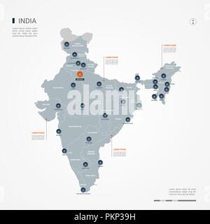 Indien Karte mit Grenzen, Städte-, Kapital- und administrativen Abteilungen. Infografik Vektorkarte. Bearbeitbare Layer deutlich gekennzeichnet. Stock Vektor
