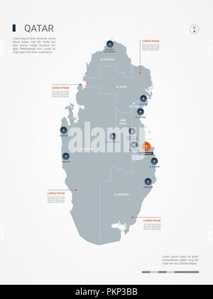 Katar Karte mit Grenzen, Städte-, Kapital- und administrativen Abteilungen. Infografik Vektorkarte. Bearbeitbare Layer deutlich gekennzeichnet. Stock Vektor