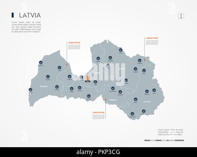 Lettland Karte mit Grenzen, Städte-, Kapital- und administrativen Abteilungen. Infografik Vektorkarte. Bearbeitbare Layer deutlich gekennzeichnet. Stock Vektor