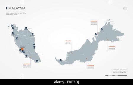 Malaysia Karte mit Grenzen, Städte-, Kapital- und administrativen Abteilungen. Infografik Vektorkarte. Bearbeitbare Layer deutlich gekennzeichnet. Stock Vektor