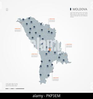 Die Republik Moldau Karte mit Grenzen, Städte-, Kapital- und administrativen Abteilungen. Infografik Vektorkarte. Bearbeitbare Layer deutlich gekennzeichnet. Stock Vektor