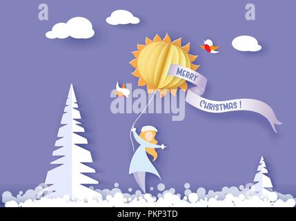 Farbiges Papier cut Design und Handwerk Winter Landschaft mit Baum, Frau, Wolken. Urlaub Natur und Weihnachten Design. Vector Illustration. Frohe Weihnachten Karte. Stock Vektor