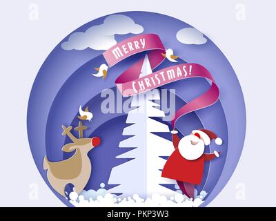 Farbiges Papier cut Design und Handwerk Winter Landschaft mit Baum, Santa Claus und Schwein. Urlaub Natur 2019 und Weihnachten Design. Vector Illustration. Frohe Weihnachten Karte. Stock Vektor