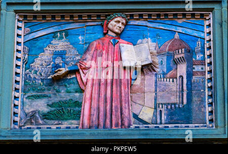 Societa Dante Alighieri Gesellschaft Gebäude Zeichen kopieren Domenico di Michelino Dante Göttliche Komödie Malerei Florenz Italien. Malerei erstellt 1465 Stockfoto