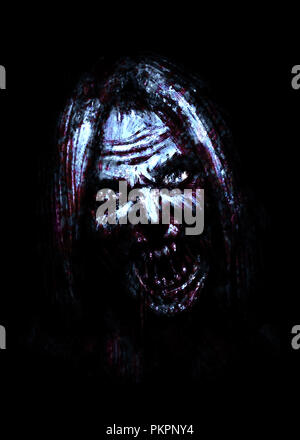 Beängstigend zombie weiblichen Gesichts auf schwarzem Hintergrund. Abbildung im Horror Genre. Stockfoto