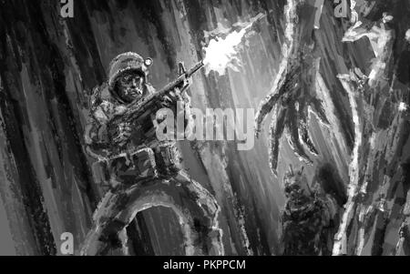 Ein erschrockenes Soldat schießt auf ein Zombie. Genre Horror. Stockfoto