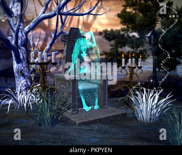 Scary Halloween Hexe Ghost in einem Stein Stuhl halten ein glas kugel mit Haunted wald landschaft Sitzen Stockfoto