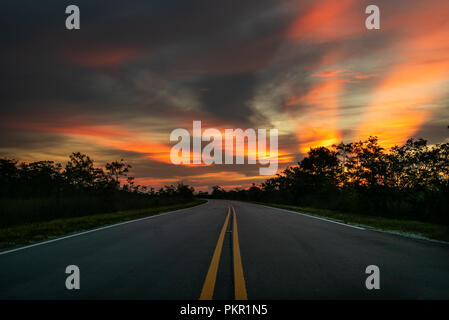 Hauptstraße in den Everglades National Park während einer schönen Sonnenuntergang. Stockfoto