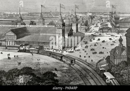 Estados Unidos. Universal Exposición de Filadelfia, 1876. Vista panorámica del Parque de Fairmount, tomada Desde la via ferrea de Pensilvania. En Primer término, almacenes de La Compañia de Pensilvania. Grabado. La Ilustración Española y Americana, 30 de Mayo de 1876. Biblioteca Histórico Militar de Barcelona. Catalunya, España. Stockfoto