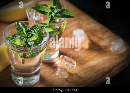 Zwei Gläser Gin oder Wodka mit Minze auf Holztisch mit Zitrone und Eis. Alkoholfreien Cocktail. Platz kopieren Stockfoto