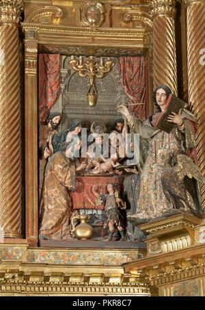 Kirche von San Miguel, Altarbild des 17. Jahrhunderts, Detail des Hl. Johannes Evangelist und "die Beschneidung", Jerez de la Frontera, Provinz Cadiz, Andalusien, Spanien, Europa. Stockfoto