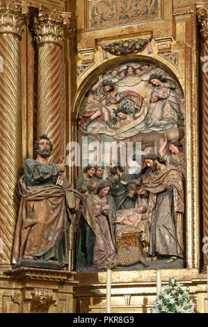 Kirche von San Miguel, Altarbild - 17. Jahrhundert, Detail des Heiligen Petrus und "Die Geburt Christi", Jerez de la Frontera, Provinz Cadiz, Andalusien, Spanien, Europa. Stockfoto