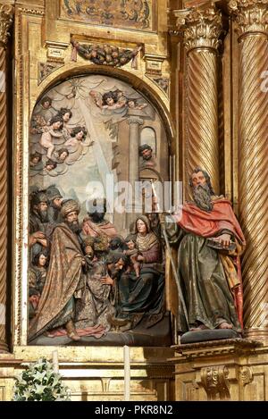 Kirche von San Miguel, Altarbild - 17. Jahrhundert, Detail von Saint Paul und "die Anbetung der Könige", Jerez de la Frontera, Provinz Cadiz, Andalusien, Spanien, Europa. Stockfoto