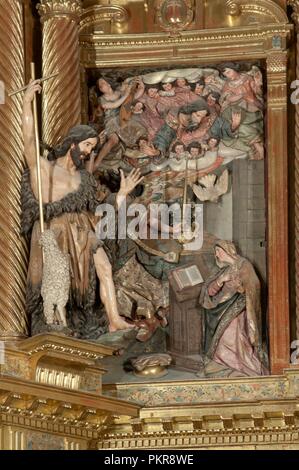 Kirche von San Miguel, Altarbild des 17. Jahrhunderts, Detail der Hl. Johannes der Täufer und der "Verkündigung", Jerez de la Frontera, Provinz Cadiz, Andalusien, Spanien, Europa. Stockfoto