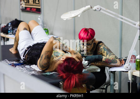 Turin, Italien. 14 Sep, 2018. In Turin ist eine der wichtigsten Tattoo Veranstaltung in Italien statt. Credit: Daniele Baldi/Pacific Press/Alamy leben Nachrichten Stockfoto